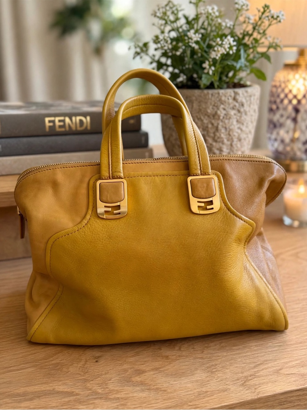 FENDI Chameleon Boston Bag Mustard Yellow Senape Leather Gold FF Hardware + Long
